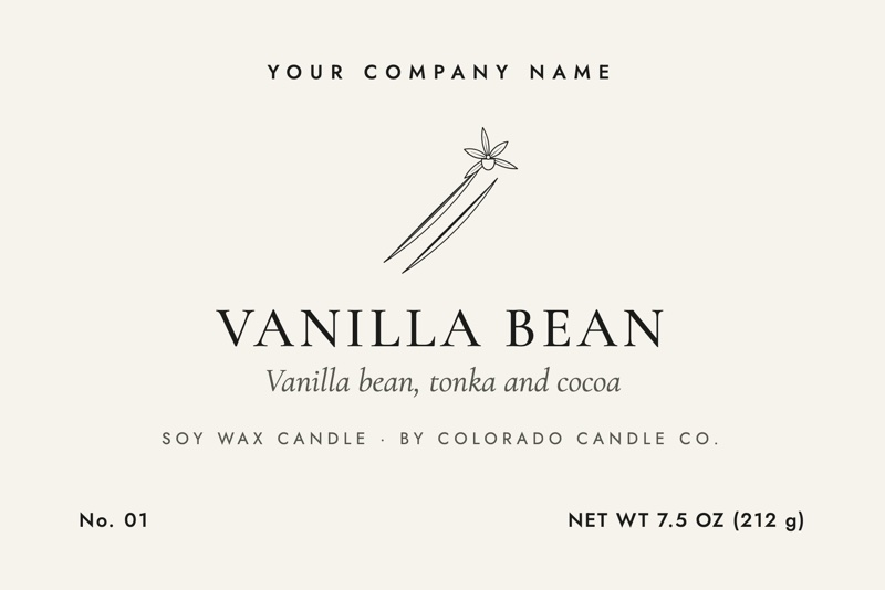 Sample label: YOUR COMPANY NAME across the top, then Vanilla Bean, vanilla bean, tonka and cocoa, soy wax candle by Colorado Candle Co.
