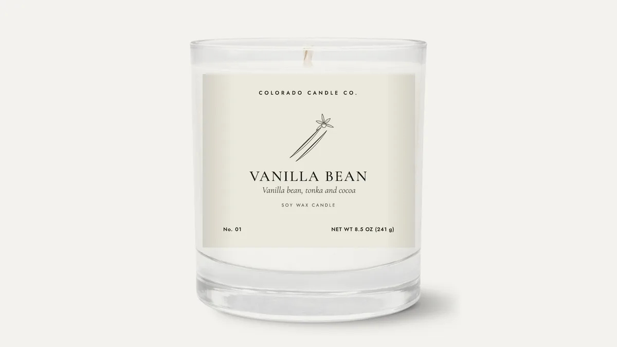 Vanilla Bean soy candle in a clear glass tumbler